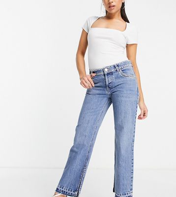 ASOS DESIGN Petite cotton blend '90s' straight leg jeans in midwash with diamante hotfix - MBLUE-Blues