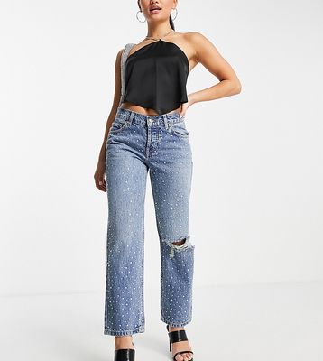 ASOS DESIGN Petite cotton blend low rise straight leg jeans in all over diamante hotfix with ripped knee - MBLUE-Blues