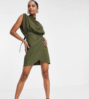 ASOS DESIGN Petite cowl neck blouson mini dress with twist skirt in khaki-Green
