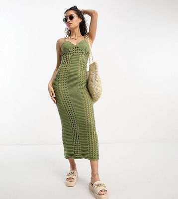 ASOS DESIGN Petite crochet maxi dress in khaki-Green