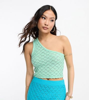ASOS DESIGN Petite crochet one shoulder top in wave stitch in turquoise - part of a set-Blue