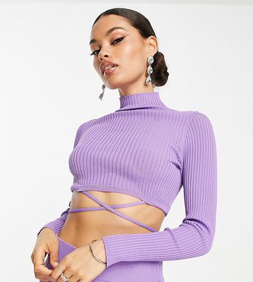 ASOS DESIGN Petite crop knitted top with tie detail in purple - part of a set