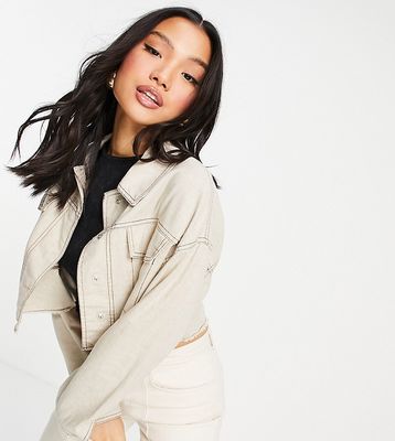 ASOS DESIGN Petite cropped linen jacket in cream-White