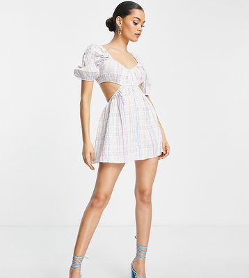 ASOS DESIGN Petite cut-out seersucker check beach dress in pastel check-Multi