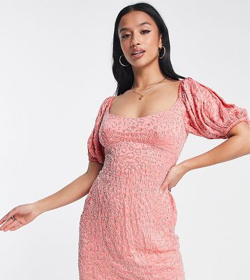 ASOS DESIGN Petite embellished mini dress with puff sleeve detail in peach-Multi