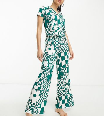 ASOS DESIGN Petite exclusive viscose floral checkerboard shirt & pants pajama set in green