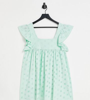 ASOS DESIGN Petite eyelet babydoll mini dress with square neck and short frill sleeve in mint-Green