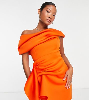 ASOS DESIGN Petite fallen shoulder manipulated tuck mini dress in orange