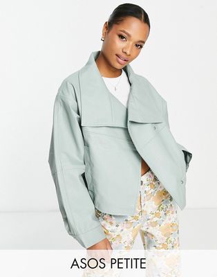 ASOS DESIGN Petite faux leather chuck on jacket in sage-Neutral