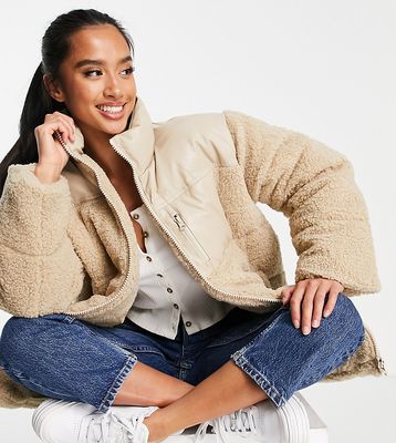 ASOS DESIGN Petite faux leather patched fleece puffer jacket in beige-Pink