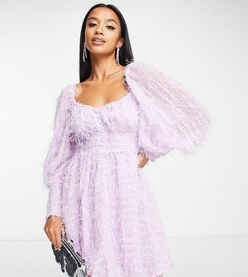 ASOS DESIGN Petite fluffy mini dress with ruched bust and shirred cuffs in lilac-Purple