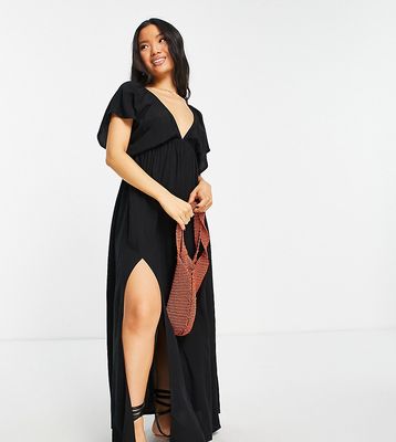 ASOS DESIGN Petite flutter sleeve maxi beach dress in black