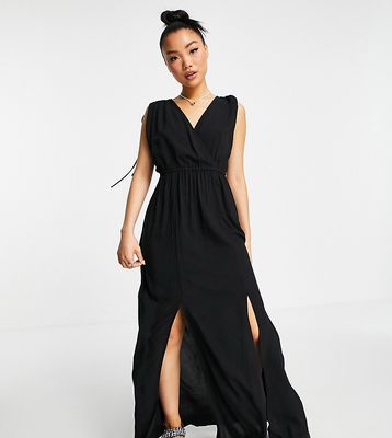 ASOS DESIGN Petite gathered detail maxi beach dress in black