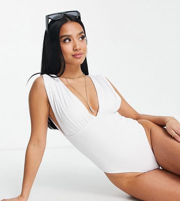 ASOS DESIGN Petite gathered plunge swimsuit in white