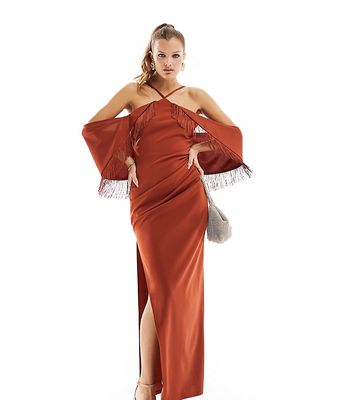 ASOS DESIGN Petite halter midi dress with fringe trim detail in rust-Copper
