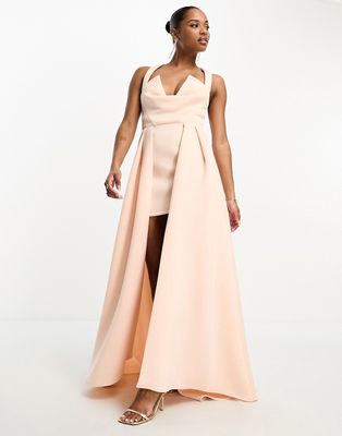 ASOS DESIGN Petite halter v neck premium maxi dress with exaggerated outer skirt in peach pink-Orange
