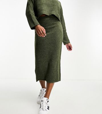 ASOS DESIGN Petite knit chunky rib midi skirt in khaki - part of a set-Green