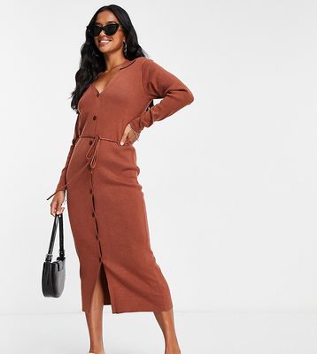 ASOS DESIGN Petite knit midi dress with open collar and tie waist in brown