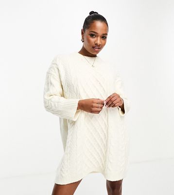 ASOS DESIGN Petite knitted cable mini sweater dress in cream-White