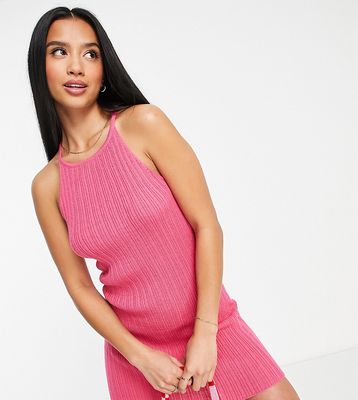 ASOS DESIGN Petite knitted halter mini dress in rib in pink