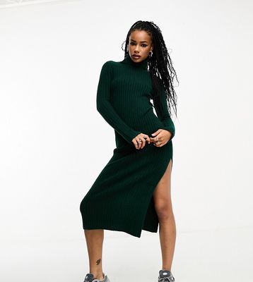 ASOS DESIGN Petite knitted maxi dress with high neck and side split in dark green