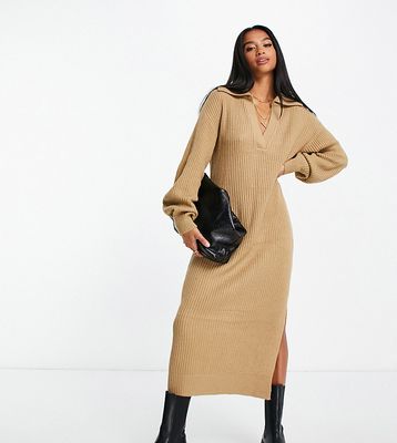 ASOS DESIGN Petite knitted midi dress with open collar in oatmeal-Neutral