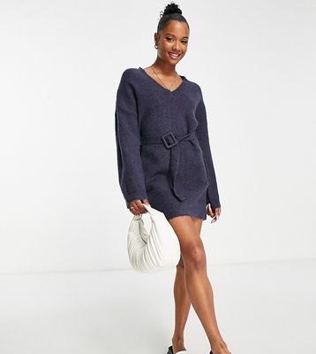 ASOS DESIGN Petite knitted mini dress with belt in navy