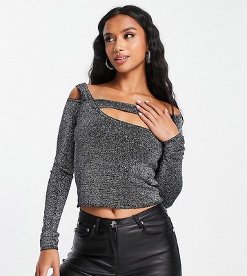 ASOS DESIGN Petite knitted top with cut out detail in silver metallic yarn
