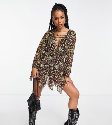 ASOS DESIGN Petite lace-up front mini dress in grunge ditsy-Multi
