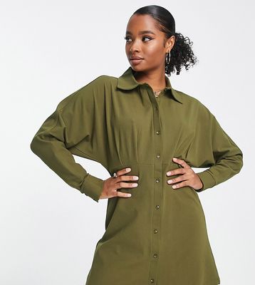 ASOS DESIGN Petite long sleeve mini shirt dress with ruching detail in khaki-Green