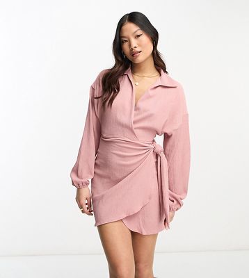 ASOS DESIGN Petite long sleeve v neck wrap mini dress in pink