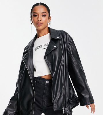 ASOS DESIGN Petite longline oversized faux leather moto jacket in black
