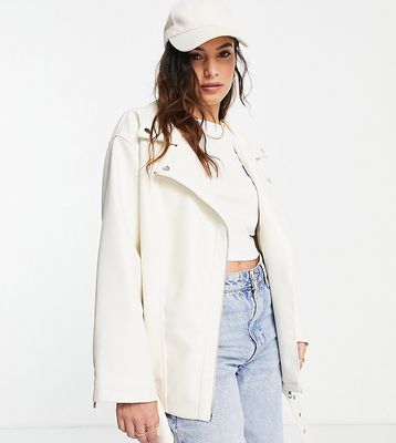 ASOS DESIGN Petite Longline oversized faux leather moto jacket in white