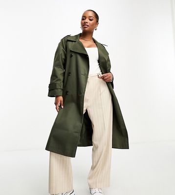 ASOS DESIGN Petite longline trench coat in dark khaki-Green
