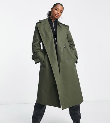 ASOS DESIGN Petite longline trench coat in khaki-Green