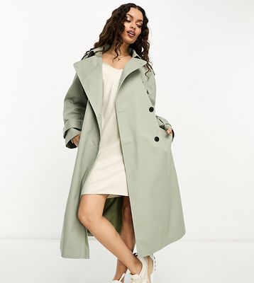 ASOS DESIGN Petite longline trench coat in light khaki-Green