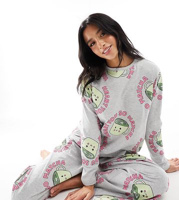 ASOS DESIGN Petite matcha long sleeve top & pants pajama set in gray heather