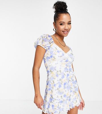 ASOS DESIGN Petite mini mesh wrap dress with lace trim in blue blur print-Multi