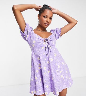 ASOS DESIGN Petite mini tea dress in purple leopard and daisy print-Multi