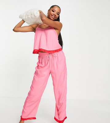 ASOS DESIGN Petite modal cami & pants pajama set with contrast frill in pink & red