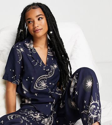 ASOS DESIGN Petite modal horoscope shirt & pants pajama set in navy