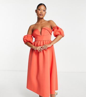 ASOS DESIGN Petite off shoulder ruffle midi prom dress in deep coral-Multi