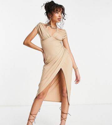 ASOS DESIGN Petite off the shoulder wrap ruched midi dress in stone-White
