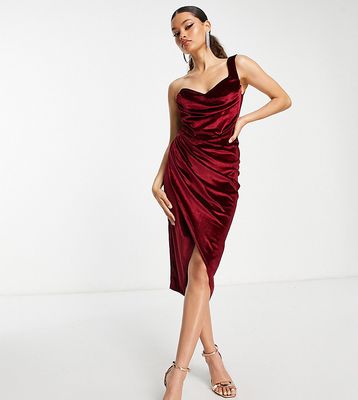 ASOS DESIGN Petite one shoulder velvet drape corset detail midi dress in wine-Red