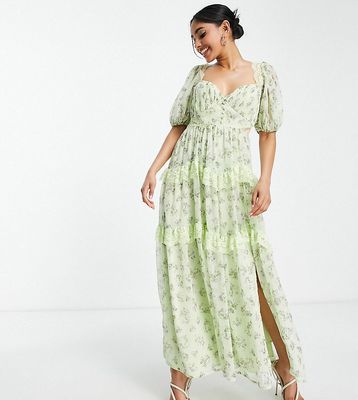 ASOS DESIGN Petite open back lace insert midi tea dress in green floral print-Multi