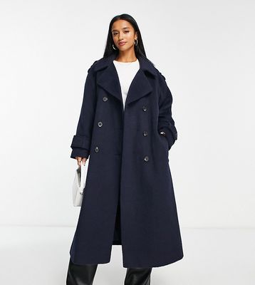 ASOS DESIGN Petite oversized brushed formal trench wool mix coat in navy