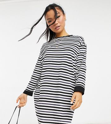 ASOS DESIGN Petite oversized long sleeve T-shirt dress in charcoal black and white stripe-Multi