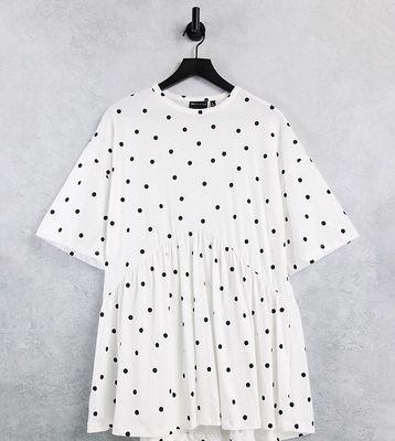ASOS DESIGN Petite oversized mini smock dress with dropped waist in white and black polka dot
