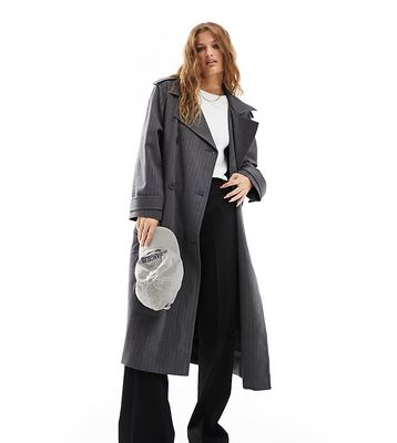 ASOS DESIGN Petite oversized pinstripe trench coat in gray