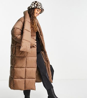 ASOS DESIGN Petite oversized puffer jacket with scarf in dark camel-Neutral